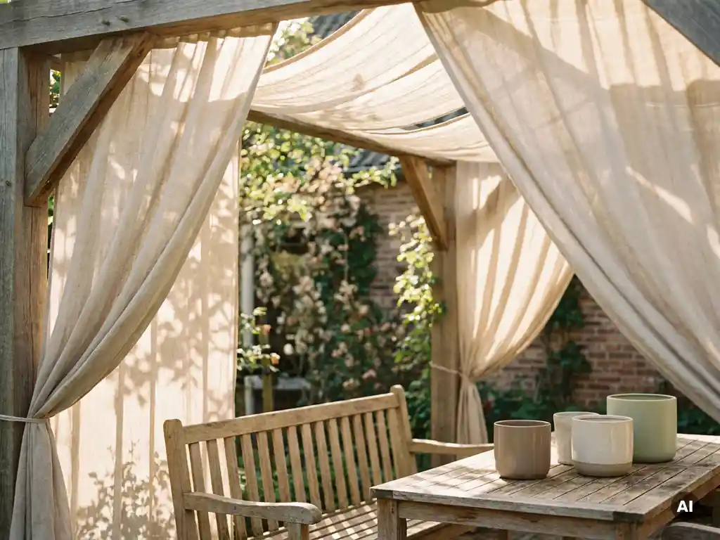 Pergola met uitschuifbaar linnen zonnescherm op Nederlands terras met keramische plantenpotten, eiken accenten en zacht middaglicht.