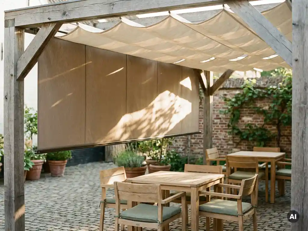 Pergola met uitschuifbaar linnen zonnescherm boven een Nederlands terras met eiken meubels en saliegroen gekleede kussens in middaglicht.